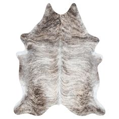 a gray and white cowhide rug on a white background