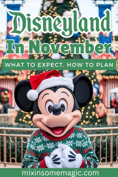 mickey mouse at disneyland in november with text overlay saying, what to expect how to plan