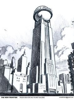 a black and white drawing of a tall building with a water tower in the background