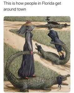 an image of two alligators and a woman walking down the road with one crocodile