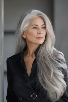 44+ Long Hairstyle Ideas For Women Over 60 Long Silver Hair Styles For Women, Grey Extensions Hair, Beautiful Grey Hair, Grey Long Hair, Hair Extensions For Older Women Over 50, Gray Hair Highlights Aging Gracefully, Long Grey Hair Over 50, Long Grey Hair