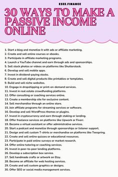 a pink poster with the words 30 ways to make passive income