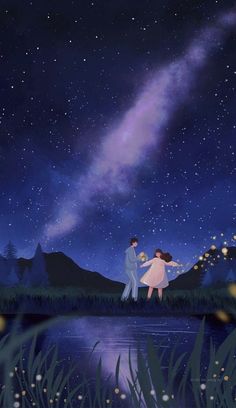 a man and woman standing next to each other under a night sky filled with stars