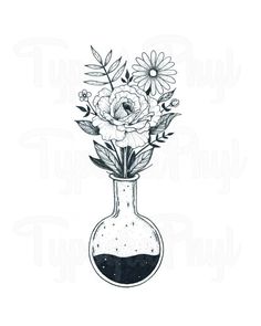 an ink drawing of flowers in a vase