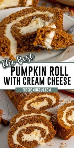 the best pumpkin roll with cream cheese is cut in half and served on a plate