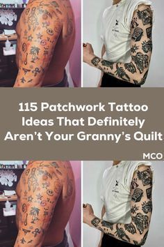 the back of a man's arm with tattoos on it, and an image of his