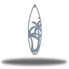 a drawing of a surfboard with palm trees on it