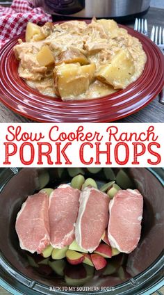 slow cooker ranch pork chops with potatoes and green beans in the crock pot