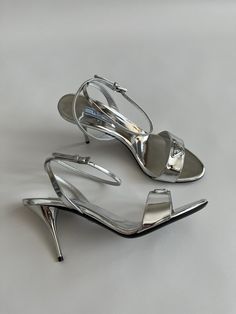 Prada Brushed Silver Leather Logo Shoes Pumps Heels Sandals Size 40  | eBay Classic Slingback Sandals With 4-inch Heel For Summer, Classic Sandals With Sculpted Heel For Party, Classic Sandals With Heel Strap For Party, Chic Silver Ankle Strap Slingback Sandals, Classic Party Sandals With Heel Strap, Summer Gala Sandals With 4-inch Heel, Sleek Silver Sandals With Padded Heel, Classic Closed Toe Party Sandals, Classic High Heel Sandals For Party