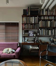 a living room filled with furniture and bookshelves next to a window covered in blinds