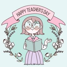 a girl reading a book with the words happy teacher's day in front of her