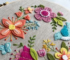 a close up of a embroidery on a piece of cloth with flowers and birds in it