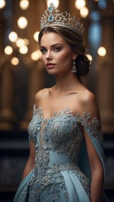 a woman in a blue dress with a tiara