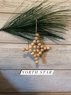 a pine tree branch with some balls hanging from it's end and the words north star above it