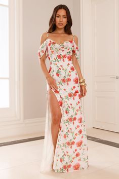 Length from shoulder to hem of size S: approx. 150cm.  Chest: 39cm, Waist: 36cm, across front only of size S.  Maxi dress.  Lined.  Model is a standard XS and is wearing size XS.  True to size.  Non-stretch.  Flowy.  Off-the-shoulder sleeves.  Split to skirt.  Print placement may vary.  Zipper with hook eye closure.  Cold hand wash only.  Polyester/Spandex.           Please Note: This product is a nidebeibao Exclusive.            For endless romance, style the nidebeibao Rose Reverie Off Shoulder Maxi Dress. Featuring an off-the-shoulder design, a gorgeous flowy silhouette and a split to the skirt. Style with heels for a fancy event and impress. Skirt Print, Maxi Dress White, Off Shoulder Maxi Dress, Prom Shopping, Print Placement, Pink Mini Dresses, White Maxi Dresses, Shop Maxi Dresses, Hook Eye