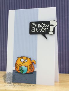 a card with an orange cat holding a fish in it's mouth and saying oh no you atten