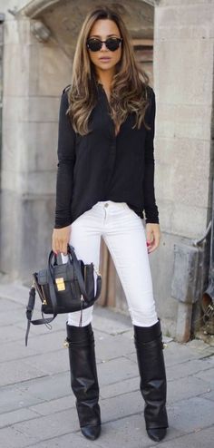 BOOTS: http://www.glamzelle.com/products/the-pants-leg-wedge-boots-3-colors-available Trending Boots, Ideas For, Inspired Outfits, Outfit Inspo Fall, Look Casual, Street Chic, Mode Inspiration, White Pants