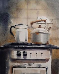 a painting of pots and pans on top of an oven