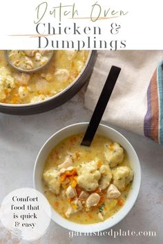 a bowl of chicken and dumplings soup with a spoon in it next to another bowl