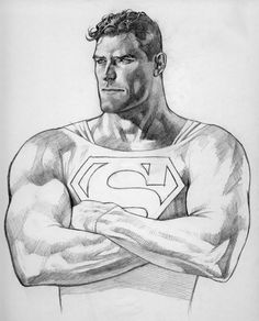 a pencil drawing of a man with his arms crossed, wearing a superman shirt and posing for the camera