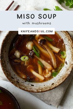 miso soup with mushrooms and green peppers in a bowl