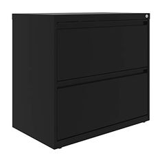 a black filing cabinet with two drawers on the bottom and one drawer open to reveal an empty space