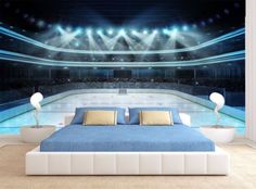 an ice rink with lights and flamingos in the foreground is featured in this bedroom wall mural