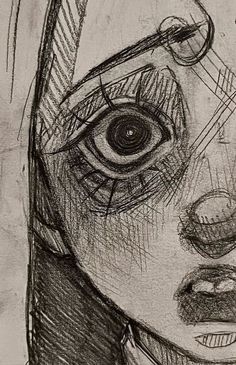 a pencil drawing of a woman's face with an eyeball in the center