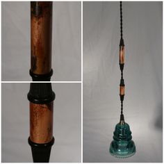 three different views of an old fashioned lamp hanging from a chain with copper and teal colored metal parts