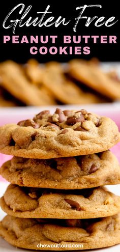 gluten free peanut butter cookies stacked on top of each other with text overlay