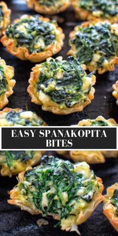 spinach and ricotta bites on a baking sheet with text overlay that reads easy spinach and ricotta bites