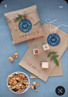 granola and two bags with labels on them