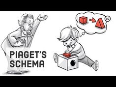 an old man is opening a box with a red object in it and the words piagett's schema above him