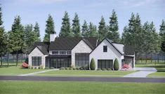 this is an artist's rendering of a house in the woods with trees and shrubs