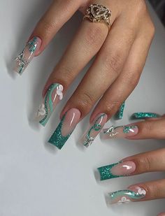 Green Acrylic Nails, Spring Acrylic Nails, Nails Design With Rhinestones, Colored Acrylic Nails, Work Nails, Acrylic Nails Coffin Pink, Cute Gel Nails, Unique Acrylic Nails, Long Square Acrylic Nails