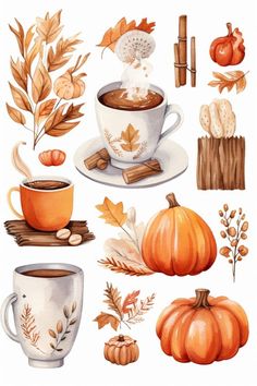 a painting of coffee and autumn leaves on a white background with pumpkins, cinnamon sticks