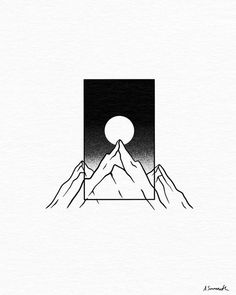 a black and white drawing of mountains with the moon in the sky above them,