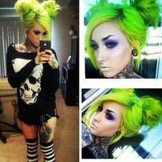 Gorgeous lime hair Green Goth, Goth Hairstyles, Goddess Hair, Kawaii Hair, Hair Colorful, Goth Outfit, Space Buns, Drawing Hair