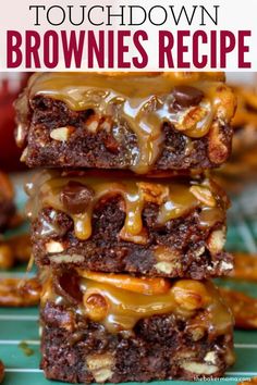 two brownies stacked on top of each other with caramel drizzle