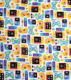 an image of a colorful pattern with video game controllers on the side and in the middle