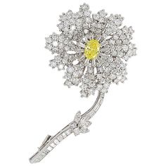 Fancy Intense Yellow and White Diamond Platinum Flower Brooch  #VintageRings #ArtDecoRing #TMWJewelsCo #ArtDecoEngagementRing Canary Yellow Diamonds, Glamorous Jewelry, Three Stone Diamond Ring, Antique Brooches, Girl Jewelry, Art Deco Engagement Ring, Oval Cut Diamond, Antique Diamond, Fine Jewels