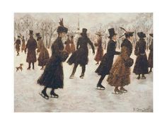 a painting of people walking in the snow wearing hats and dresses with furs on them