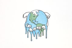 a drawing of the earth melting in blue and green