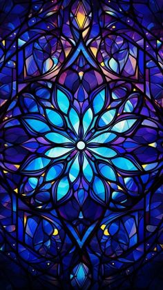 an abstract stained glass window with blue and purple flowers in the center, on a dark background