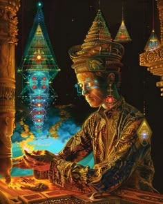 a painting of a man sitting at a table in front of a clock tower with many lights on it