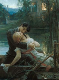 a painting of a man holding a baby in a boat