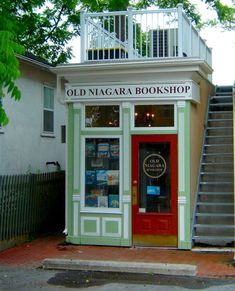 an old niagara book shop with stairs leading up to it