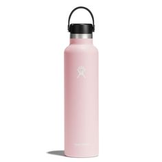 a pink water bottle with a black lid and handle on the side, sitting in front of a white background