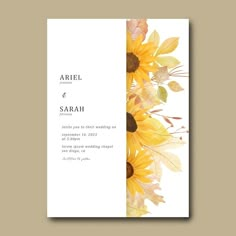 a wedding card with sunflowers and leaves