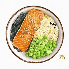 a painting of salmon, rice and beans on a plate